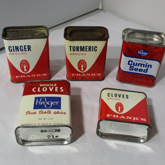 Lot of 5 Vintage OLD Metal Spice Kroger Franks Cans Tins - Picture 1 of 5